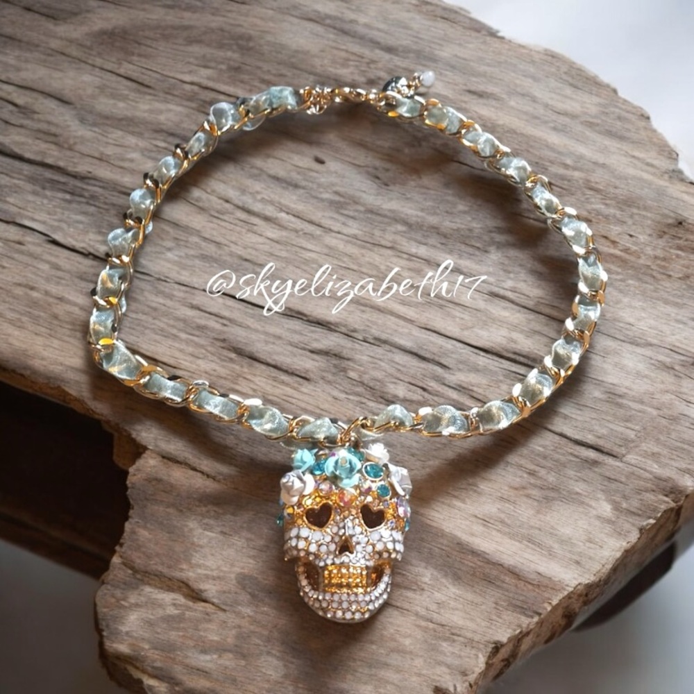 Betsey Johnson Skull & Roses Blue Ribbon Sugar Skull Pendant Adjustable Necklace
